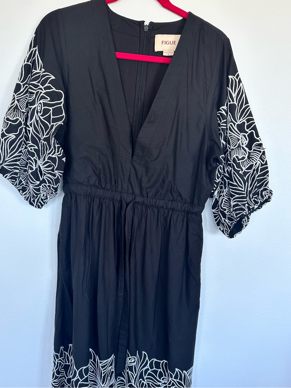 Figue Black Midi Dress with White Floral Embroidery